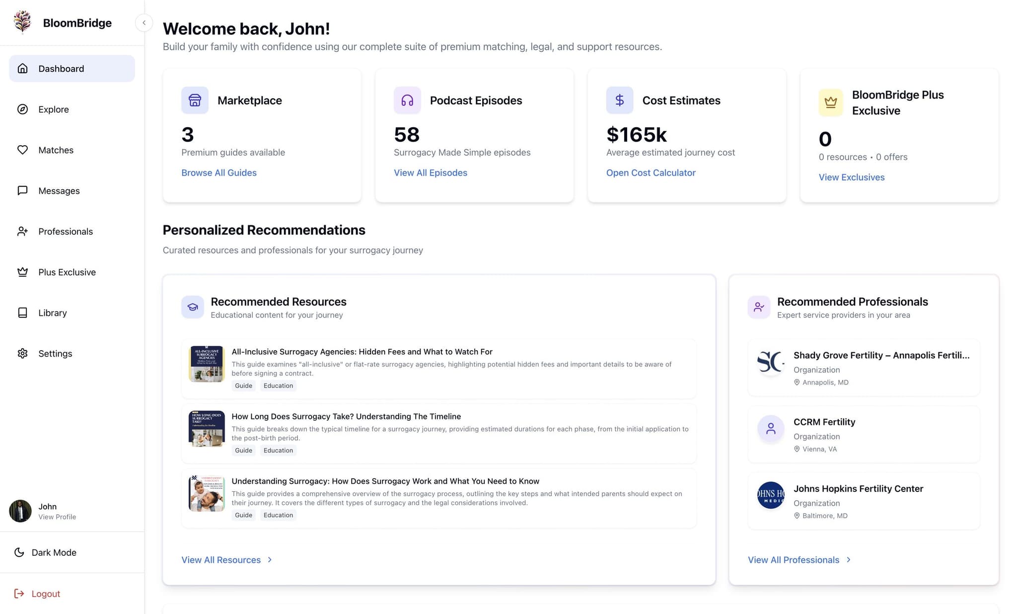 BloomBridge dashboard showing recommendations, cost planning, and professional support