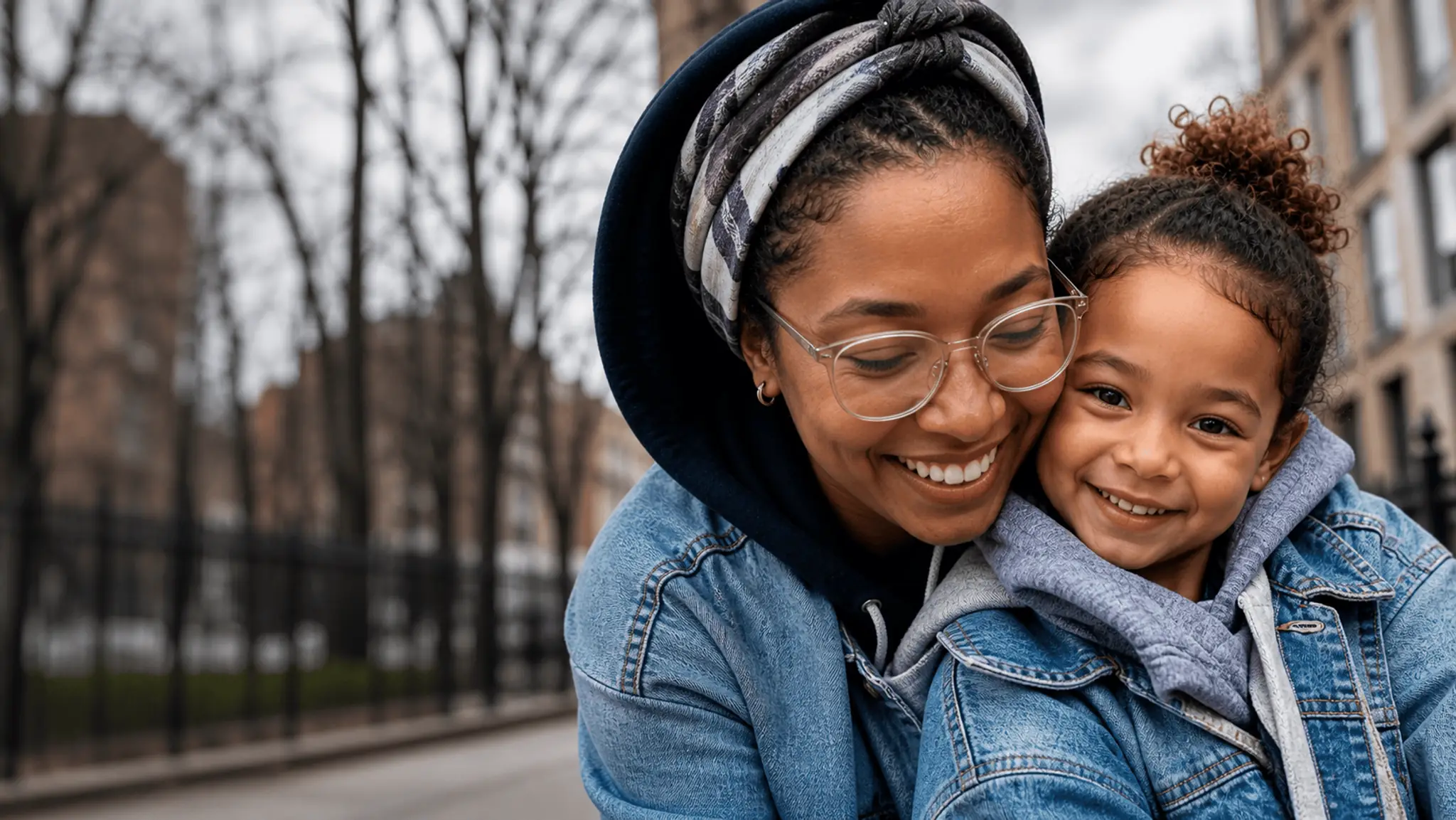 A smiling parent and child outside together
